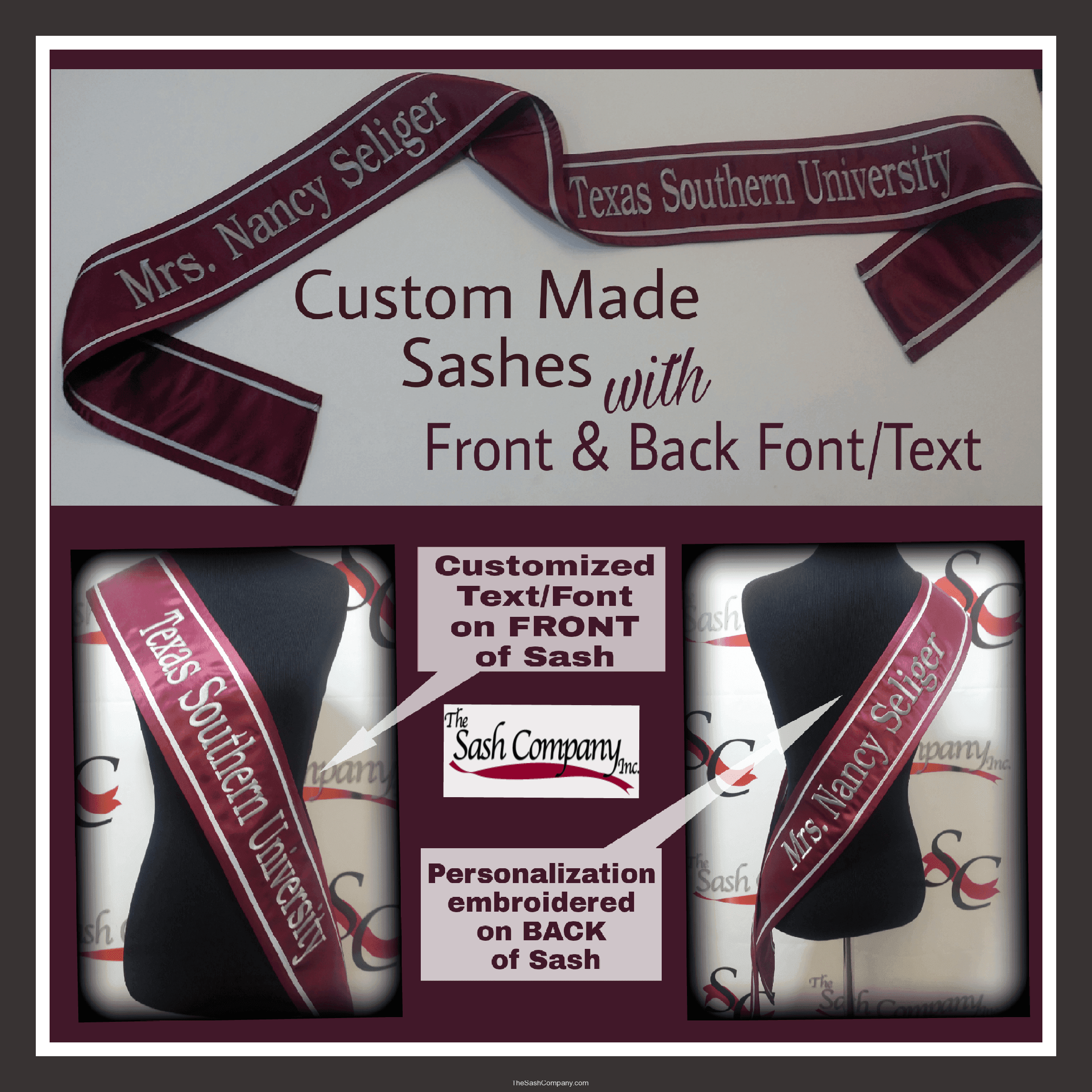 Texas Southern University CustomMade Sash with Front and Back Text